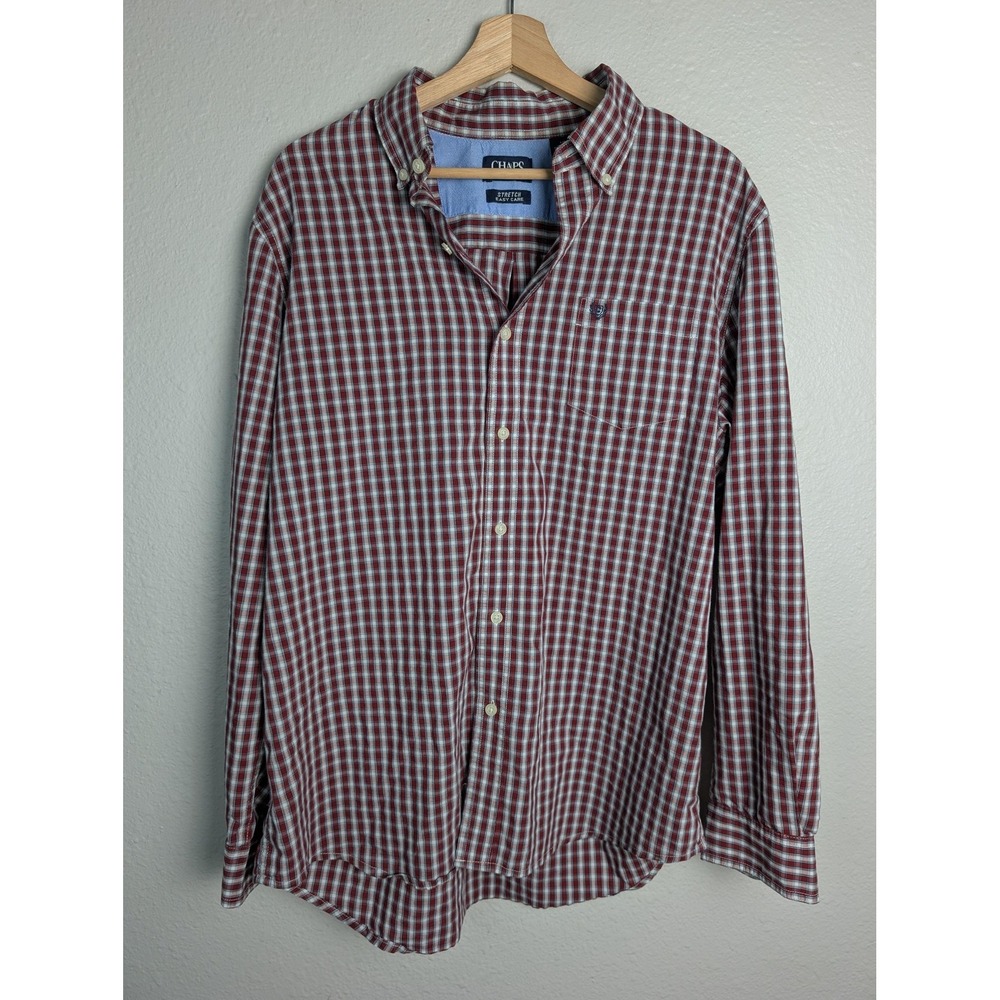 Chaps Shirt Mens Large Red Check Stretch Easy Care Button Down Long Sleeve